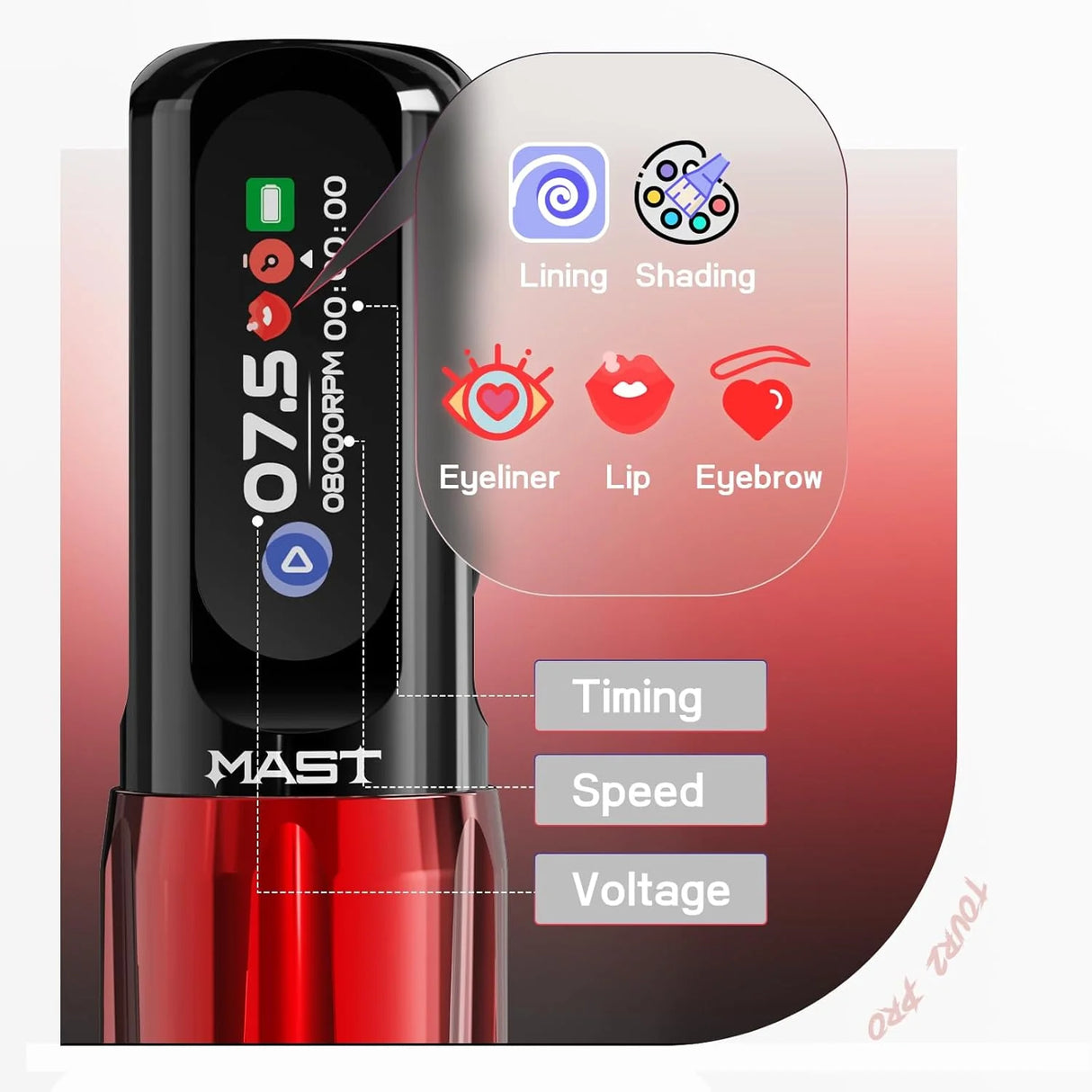Mast Tattoo Tour 2 Pro Wireless Tattoo Machine Pen 3.5mm Stroke Pink - BVShop