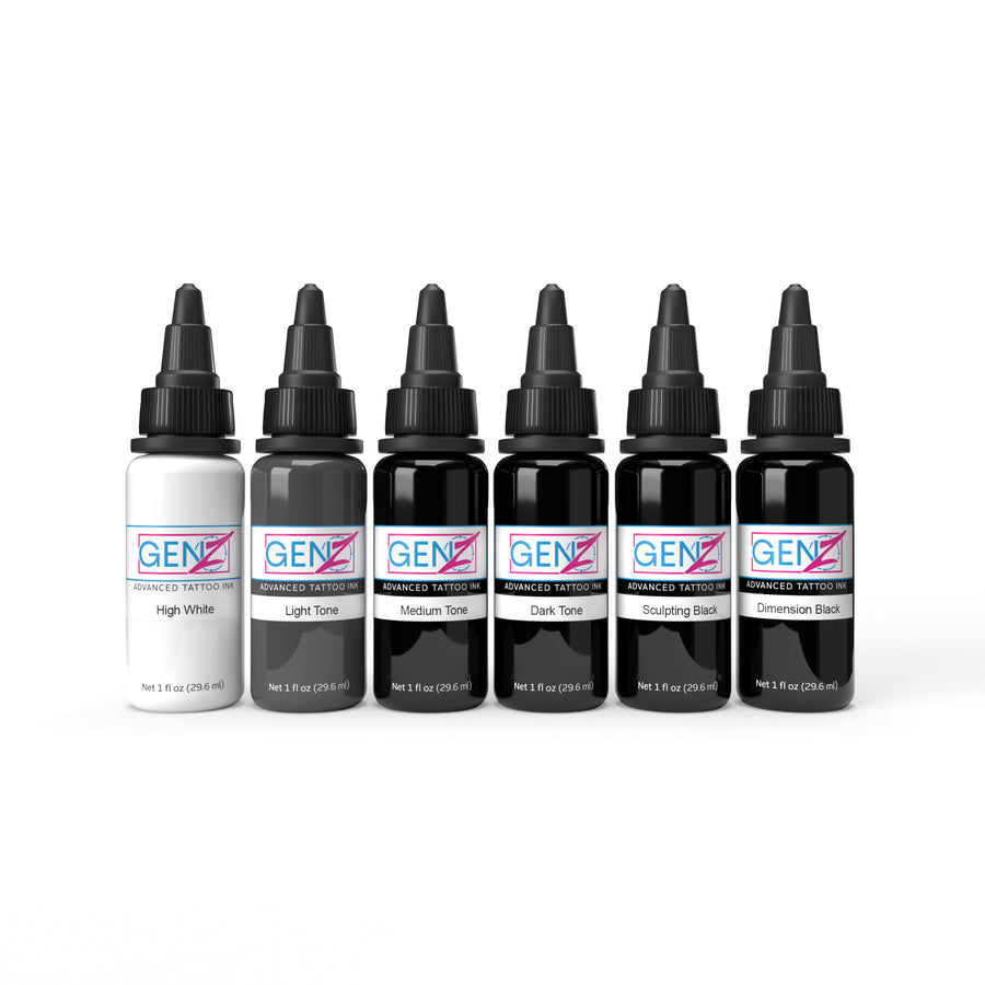 Intenze Ink Gen-Z Bob Tyrrell Fortgeschrittenes Schwarz & Grau Set 6x30ml