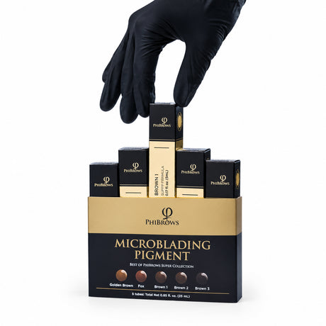 PhiBrows SUPER Microblading Pigment Collection 5x5ml — five-shade pigment collection held above the box