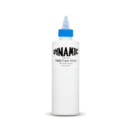 Dynamic Triple White hair treatment in 8oz bottle, featuring a sleek white design and easy-to-use pump for healthy hair care.