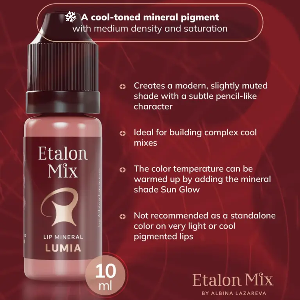 Etalon Mix Lumia Lip Pigment in 5ml or 10ml bottle, showing vibrant color and packaging for permanent lip makeup.
