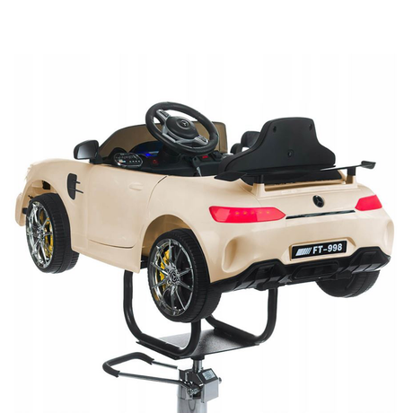 Children's hairdressing chair by Beauty System, Mercedes Latte model, featuring a plush, beige seat with a sturdy base and adjustable height.