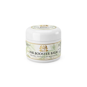 Skin Monarch Ink Booster Balm 30ml, geschlossener weißer Tiegel mit Vorderetikett