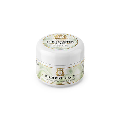Skin Monarch Ink Booster Balm 30ml, Schrägansicht mit Deckel und Vorderetikett
