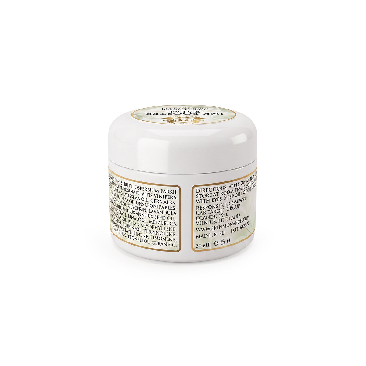 Skin Monarch Ink Booster Balm 30ml, Rücketikett mit Inhaltsstoffen und Anwendungshinweisen