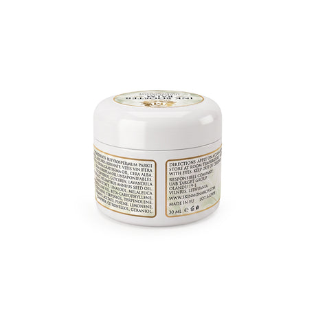 Skin Monarch Ink Booster Balm 30ml, Rücketikett mit Inhaltsstoffen und Anwendungshinweisen