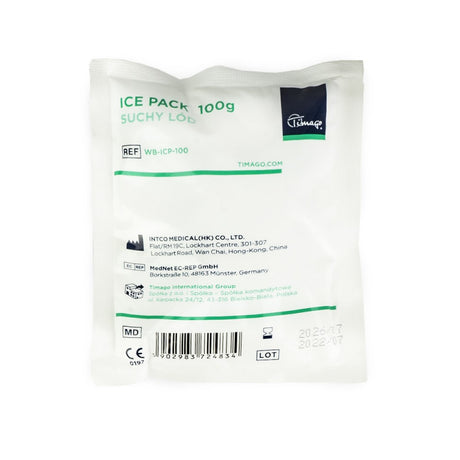 Timago 100g dry ice cold compress for laser treatments, showing the compact, clear packaging with the cold compress inside.