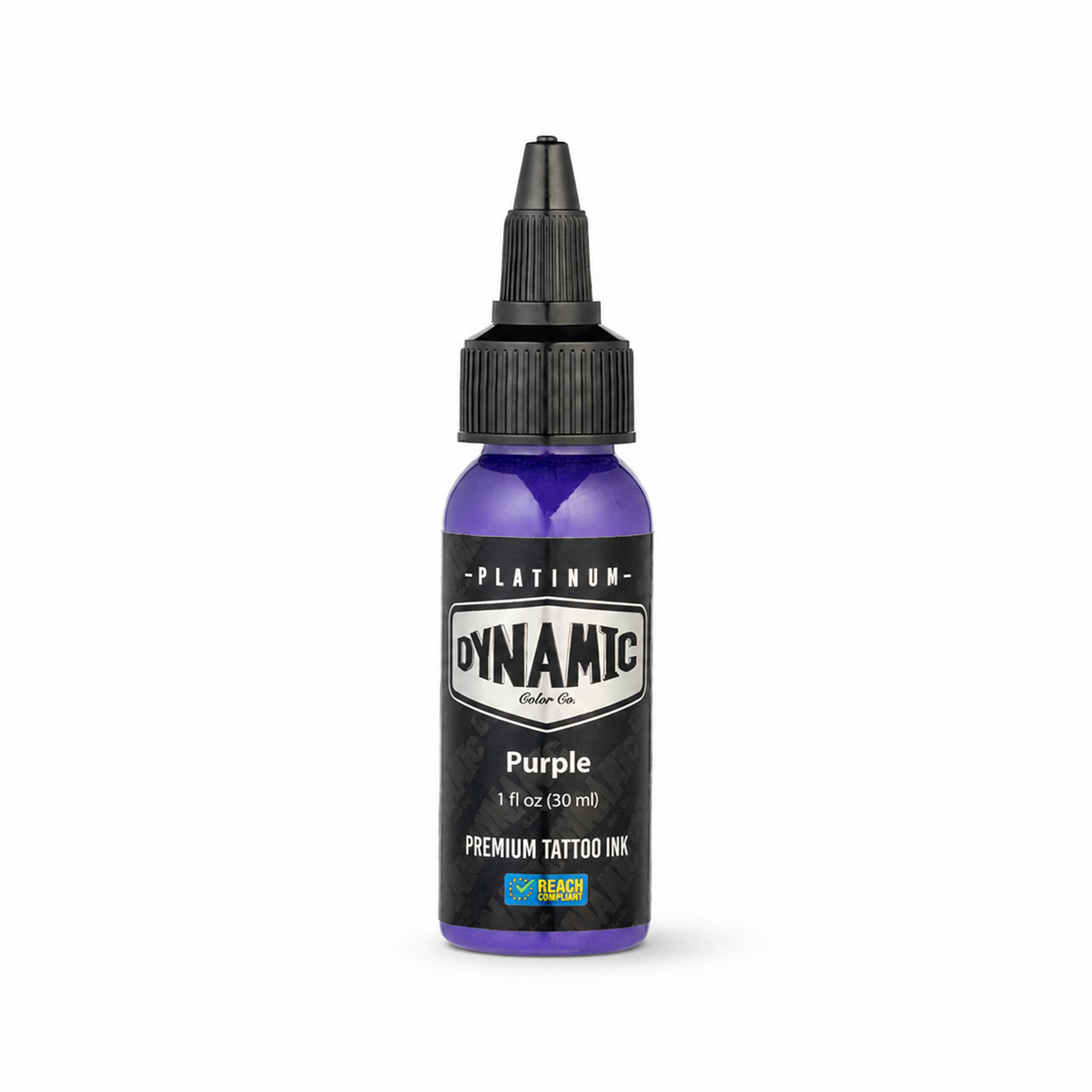 Dynamic Platinum Purple Tätowierfarbe 30ml, Flasche auf weißem Hintergrund mit weichem natürlichem Schatten