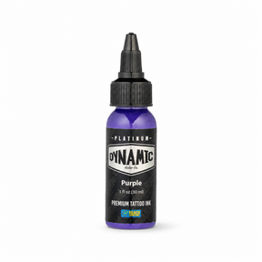 Dynamic Platinum Purple Tätowierfarbe 30ml, Flasche auf weißem Hintergrund mit weichem natürlichem Schatten