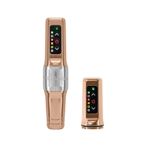 Microbeau Flux Mini Champagne Gold tattoo and PMU machine angled view