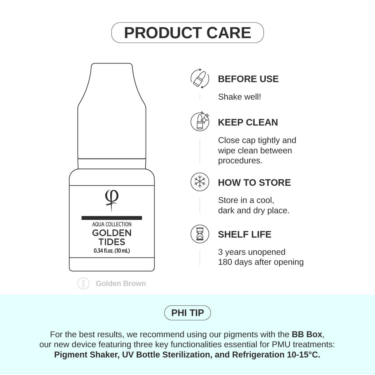 PhiAcademy PMU Aqua Golden Tides Pigment 10ml — product care and storage