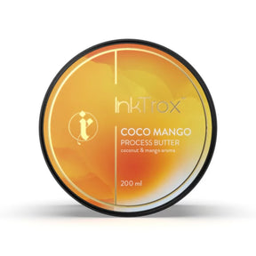 InkTrox Coconut and Mango Process Butter in 50ml and 200ml containers, creamy mixture with coconut and mango ingredients.