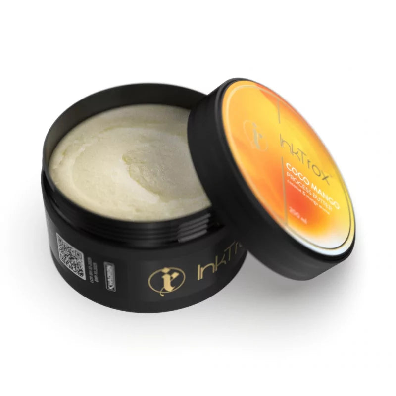 Creamy coconut and mango process butter by InkTrox in 50ml and 200ml jars, shown in a natural setting with fresh ingredients.