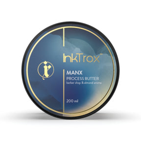 InkTrox Manx Tattoo Process Butter 200ml jar, creamy skincare product for tattoo aftercare, with a white lid and label.