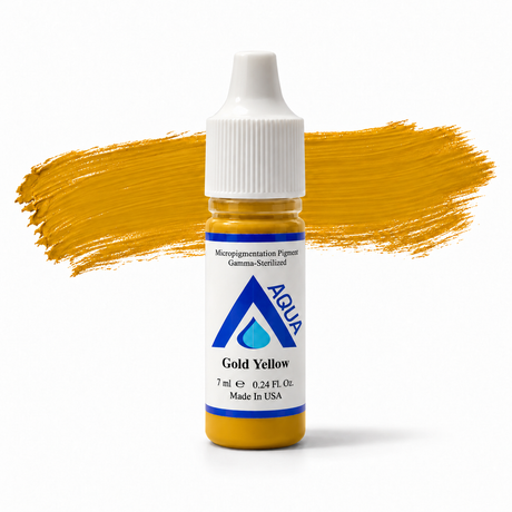 Li Pigments Aqua Gold Yellow 7ml – slender bottle with golden yellow pigment brushstroke