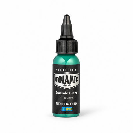 Platinum By Dynamic Tattoo Ink Emerald Green 30ml bottle on a white background with a natural shadow