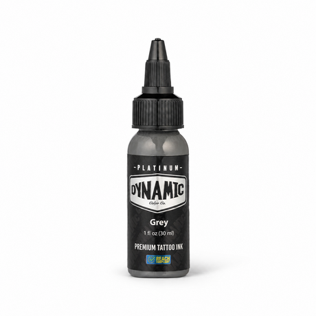 Platinum By Dynamic Tattoo Ink Grey 30ml bottle on a white background with a natural shadow