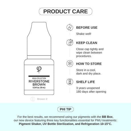 PhiAcademy PMU Aqua Riverstone Brown Pigment 10ml — product care and storage