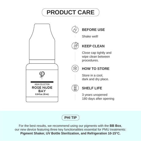 PhiAcademy PMU Aqua Rose Nude Bay Pigment 10ml — product care and storage
