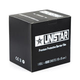 Unistar transparent self-adhesive protective film roll with 10x15cm sheets, shown in a large batch of 1000 pieces.