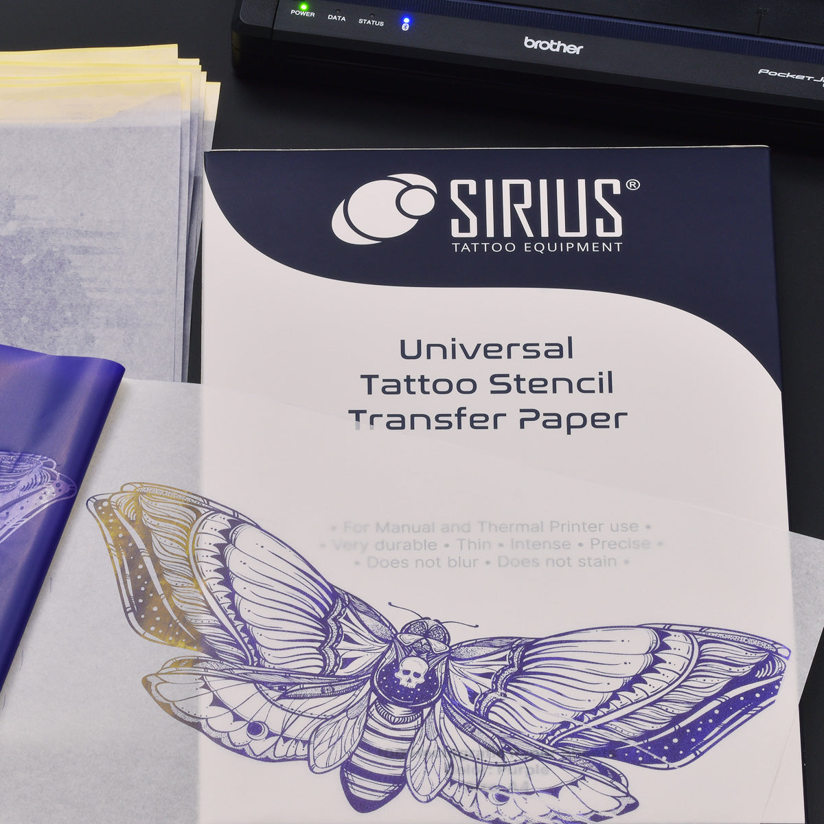 Sirius SIRIUS Tattoo Stencil Transfer Paper Universal sheet with black design markings for easy tattoo transfer.