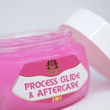 Skin Monarch 2-in-1 Process Glide and Aftercare in 150g jar, showing the product container with label and lid open.