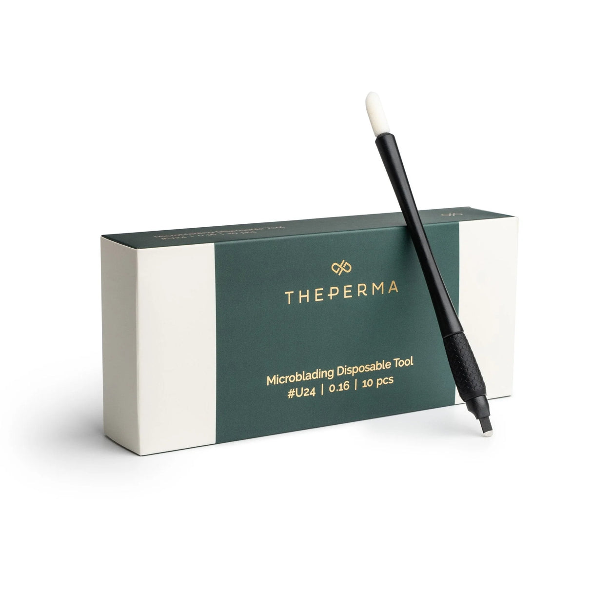 Set of 10 disposable microblading tools by The Perma, U24 size, 0.16mm needle for precise eyebrow cosmetic tattooing.