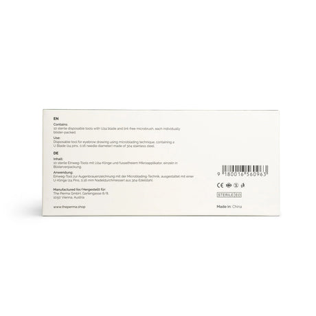 Set of 10 disposable microblading tools by The Perma, U24 size, 0.16mm needle for precise eyebrow shading.