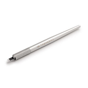 The Perma Microblading Holder by The Perma showing a sleek, ergonomic microblading tool holder in black with metal accents.